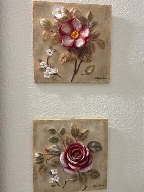 Set of 2 Cheri Blum Floral Wall Art Relief Plaques 5” Square 3D Flower Decor